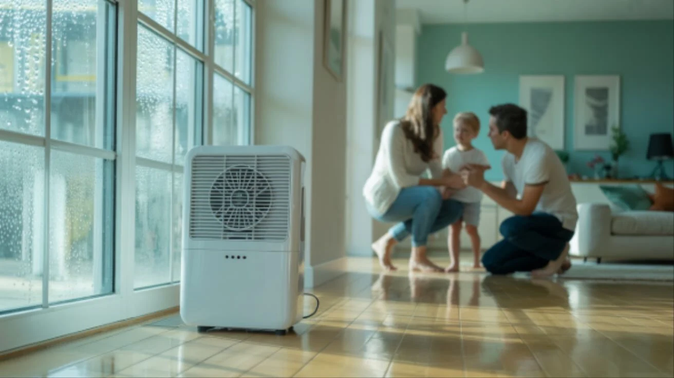 Dew point condensation ventilation family hero image Dehumidifier beside a condensation-covered window in a flat with a family in the background