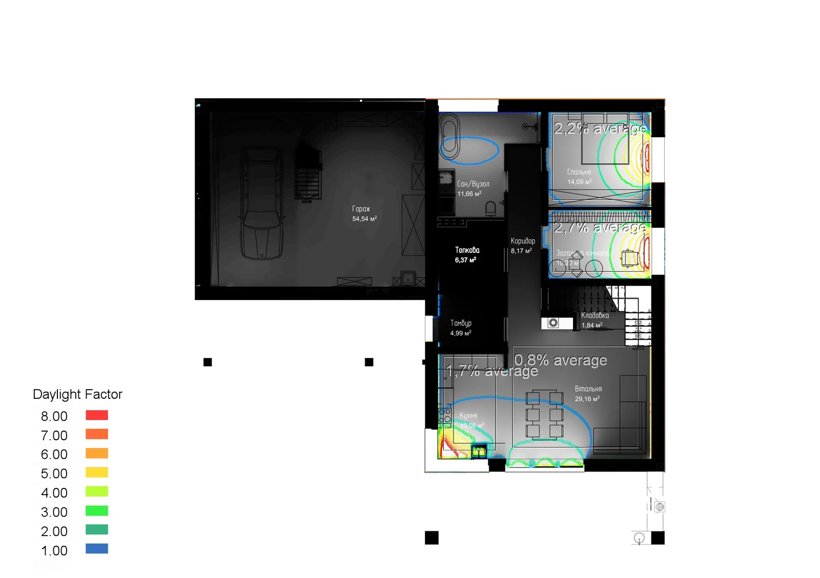 Ground-level architectural plan with Daylight Factor contours showing daylight distribution across rooms