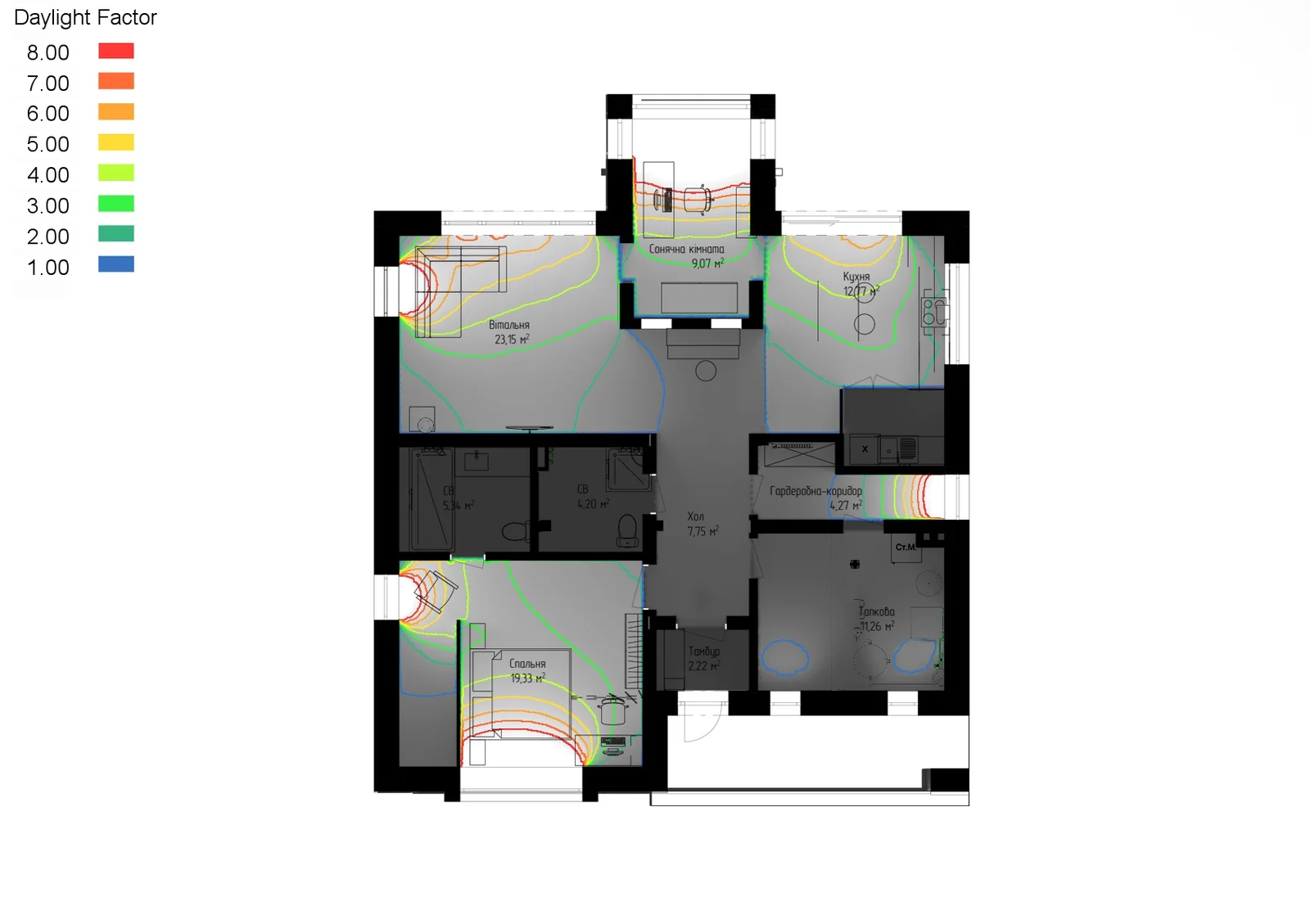 Upper-level architectural plan with colored daylight contours and a Daylight Factor legend