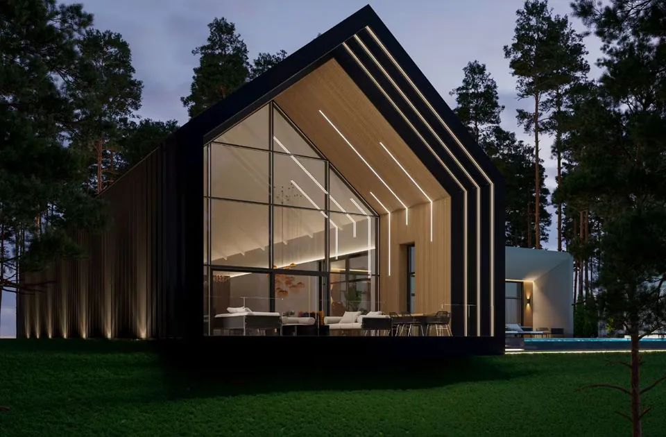 Riviera Passive House villa evening render with panoramic glazing and forest setting